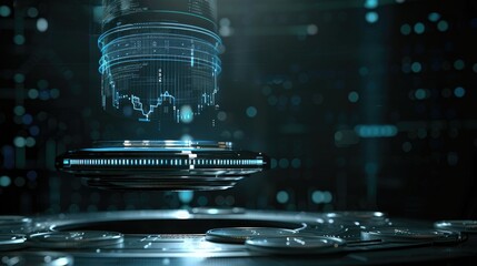 Poster - A futuristic holographic projection of a trading chart hovering above a stack of silver coins, representing the intersection of technology and finance. 