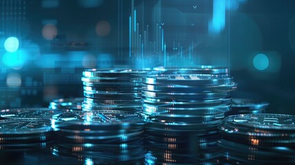 Poster - A futuristic holographic projection of a trading chart hovering above a stack of silver coins, representing the intersection of technology and finance. 