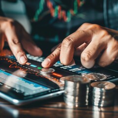 Poster - A person using a tablet to trade stocks online with a stack of silver coins and a trading chart displayed on the device. 