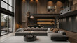 © aekkorn - Modern dark and open space living room or hotel, grey sofa, natural oak acoustic slat wood panel on the wall. Hanging light. Two story hotel room. Panoramic floor to ceiling windows. 3d render.