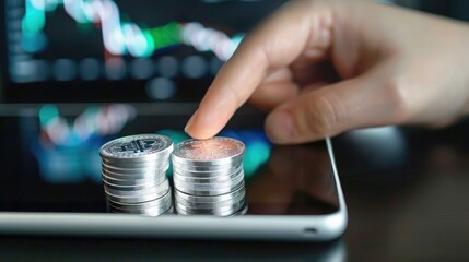 Aufkleber - A person using a tablet to trade stocks online with a stack of silver coins and a trading chart displayed on the device. 