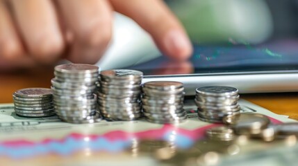 Poster - A person using a tablet to trade stocks online with a stack of silver coins and a trading chart displayed on the device. 