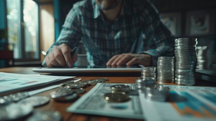 Poster - A businessman examining a trading chart on a digital tablet with a stack of silver coins and financial documents spread out on a desk. 