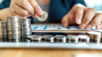 Poster - A person using a tablet to trade stocks online with a stack of silver coins and a trading chart displayed on the device. 
