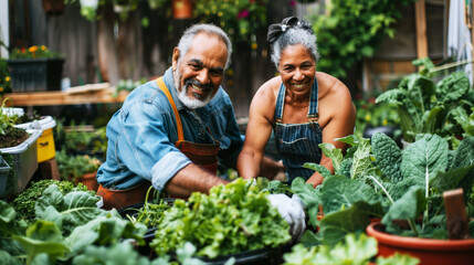 Wall Mural - A happy couple working together in their lush, vibrant garden, tending to various leafy greens and herbs. They are both smiling and wearing gardening clothes.