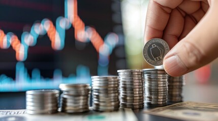 Poster - A hand placing a silver coin onto a growing stack with a trading chart displayed on a nearby screen, indicating ongoing investment activity