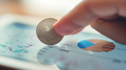 Poster - A person's hand holding a silver coin against the backdrop of a digital trading chart on a tablet device. 