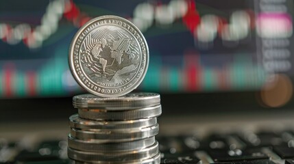 Aufkleber - A close-up of a silver coin balanced on top of a stack with a trading chart visible on a computer monitor in the background. 