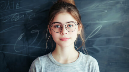 Wall Mural - Portrait of a young girl with glasses standing in front of a chalkboard with scribbles. She has straight brown hair pulled back and is wearing a casual grey shirt.