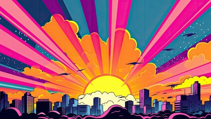 Wall Mural - A city skyline with a bright sun in the sky