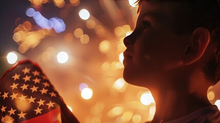 Poster - Close-up of a child holding an American flag while watching fireworks on Independence Day. 