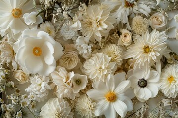 Sticker - Exquisite and elegant white floral assortment with delicate and soft blooms. Diverse foliage. And natural botanical elements. Perfect for wedding. Celebration. Or event decor. Ideal for wallpaper