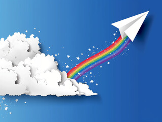 a paper plane fling in the cloud with a rainbow sky. ai generative