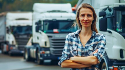 Canvas Print - A confident woman in a plaid shirt stands with arms crossed in front of a row of parked trucks, symbolizing trucking, logistics, and female empowerment in a male-dominated industry.