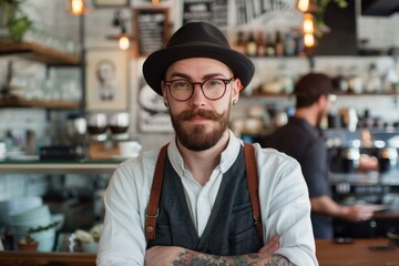 Stylish barista with hat and tattoos posing inside a modern cafe