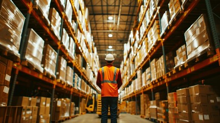 Sticker - A warehouse worker in a high-visibility vest and hard hat stands in the center aisle of a large warehouse full of stacked pallets and boxes, reflecting an organized storage area.