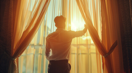 Sticker - A man dressed in a white shirt stands by a window, pulling back curtains to reveal a bright sunrise or sunset. The scene is bathed in warm, golden light, creating a serene atmosphere.