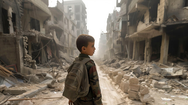 a young boy with a backpack stands in a war-torn, rubble-strewn street lined with severely damaged b
