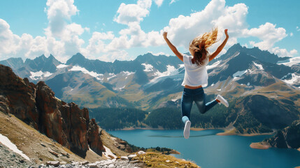 Canvas Print - A woman jumps in joy on a mountain peak, overlooking a scenic landscape with rugged mountains, lush greenery, and a tranquil lake under a bright, cloudy sky.