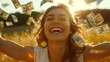 © OMD - A joyful woman in a sunlit field surrounded by floating dollar bills, expressing happiness and financial freedom with a broad, cheerful smile.