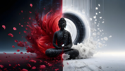 a vivid red rose disintegrating into petals swirling around an ancient Buddha statue, illustrating the concept of impermanence with dramatic flair.