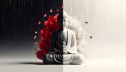 Wall Mural - a vivid red rose disintegrating into petals swirling around an ancient Buddha statue, illustrating the concept of impermanence with dramatic flair.