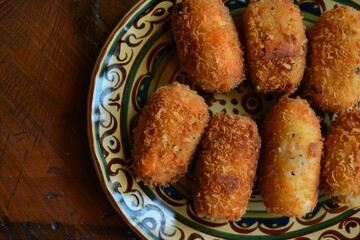 Sticker - Savory fried croquettes served on a decorative plate, perfect for food and culinary themes