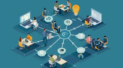 Poster - A diverse group of individuals sit around a rectangular table, each engrossed in their own laptop screen. They appear focused and engaged in their work or discussions.