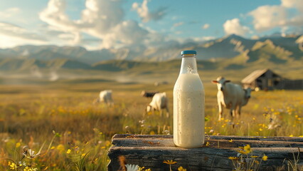 fresh milk in a 1 liter glass bottle, stored on a wooden table, looks so fresh against the background of a green agricultural desert with several cows, really an amazing sight