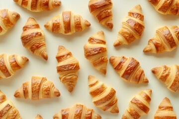 Poster - Overhead view of multiple croissants arranged randomly on a light background