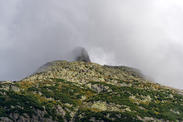 Wall Mural - Alpine landscape in the Swiss Alps with fog and peak at mountain pass Grimsel on a cloudy late summer day. Photo taken September 19th, 2023, Grimsel, Canton Bern, Switzerland.