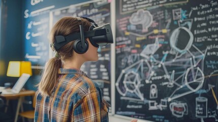 Poster - A young girl is standing in front of a chalkboard, wearing a virtual reality headset and interacting with virtual content.