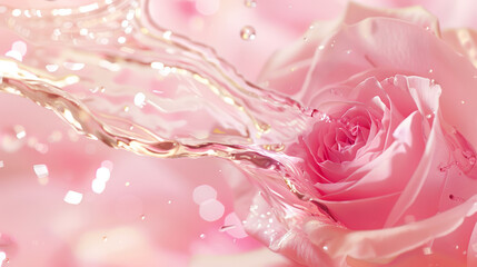 pink rose with droplets, champagne motion splash