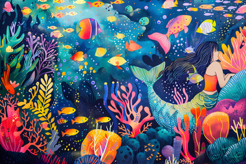 Wall Mural - A vibrant and whimsical illustration of an underwater world, featuring colorful coral reefs, exotic fish, and a mermaid 