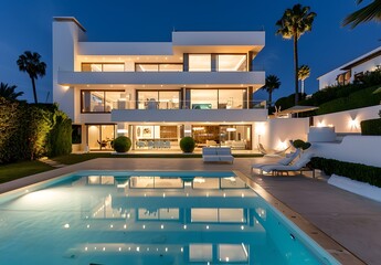 Beautiful modern house, night view from the garden with swimming pool and terrace on the first floor, 