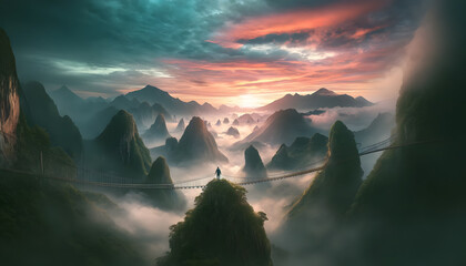 Wall Mural - mountainous landscape with multiple suspension bridges connecting peaks shrouded in mist, during a dramatic sunrise.