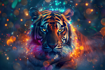 Wall Mural - a scary tiger, neon, dark background, vector