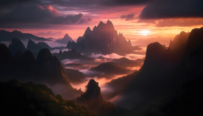 Wall Mural - mountainous landscape with multiple suspension bridges connecting peaks shrouded in mist, during a dramatic sunrise.