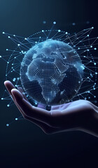 Digital technology, internet network connection concept. Finger touching on virtual screen with futuristic technology background, data exchange, digital transformation, Africa