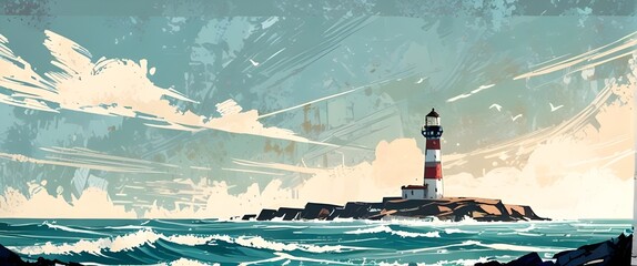 Wall Mural - Beautiful illustration of seascape and lighthouse on a sunny day in the morning. art painting style illustration with grunge brush stroke texture. Generative AI