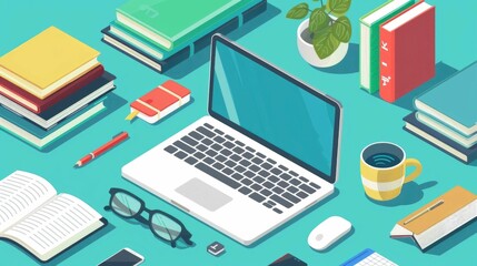 Fototapete - Organized Distance Learning Setup with Laptop and Educational Tools