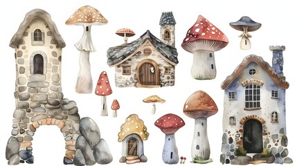 Wall Mural - Enchanting Mushroom Houses and Fairy Tale Dwellings in a Mystical Woodland Landscape