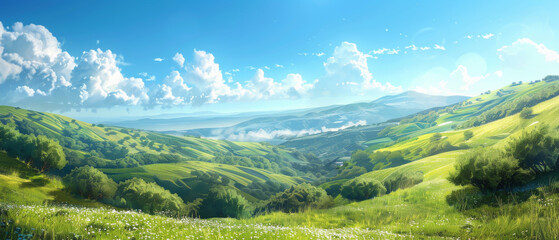 Wall Mural - A beautiful, lush green field with a clear blue sky