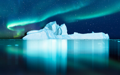 Wall Mural - Iceberg floating in greenland fjord  
with aurora borealis - Greenland