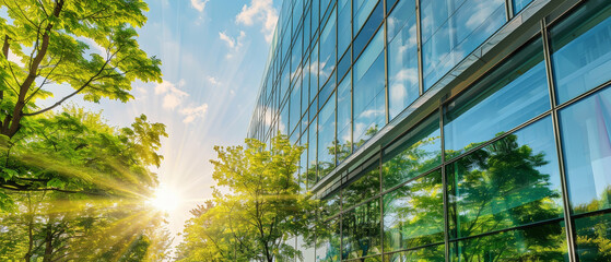 Wall Mural - A building with a lot of glass windows and trees in the background