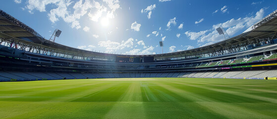 A stadium with a large field and a blue sky