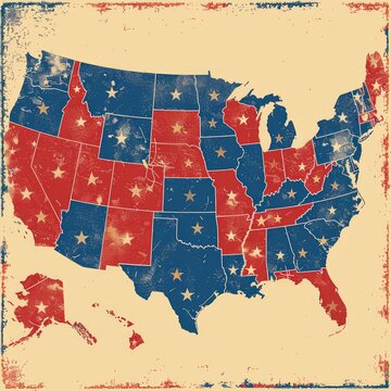 Comprehensive USA Voting Map designed as a poster, showing the division of states between Democratic and Republican votes. Ideal for election visuals.