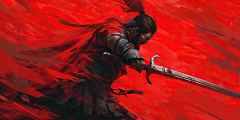 Wall Mural - Alizarin Crimson: A Warrior's Resolve, Steel Meets Wind in Epic Battle Pose