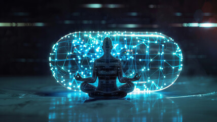 Wall Mural - pill with ai for astral yoga silhouette of human in cosmic space meditate. back view man practicing 