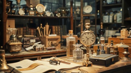 A room filled with various old clocks, books, and miscellaneous items creating a vintage and eclectic atmosphere.